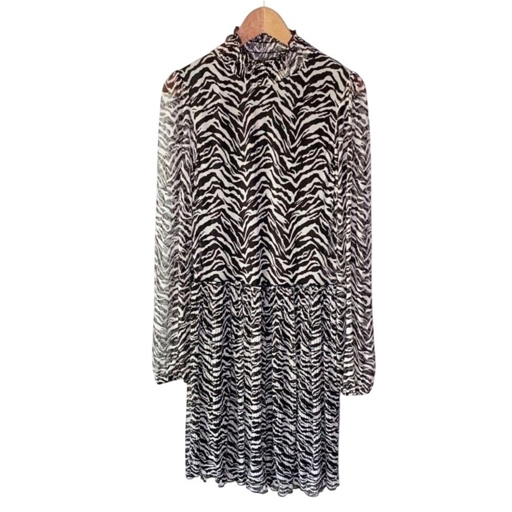 Zara Women's Zebra Print Tulle Dress Size Large New‎ Long Sleeve High Neck